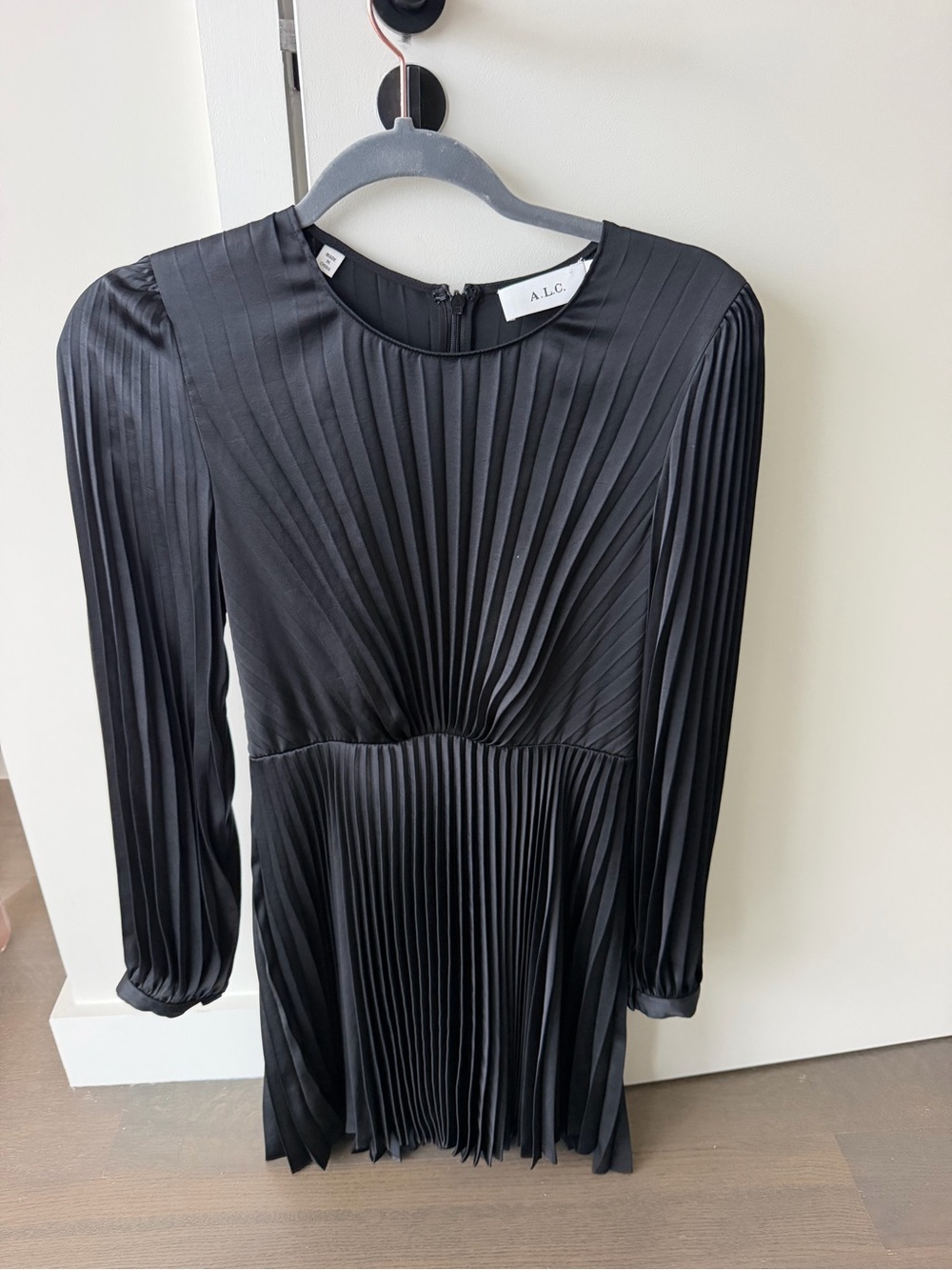 A.L.C. Black Pleated Long-Sleeve Mini Dress